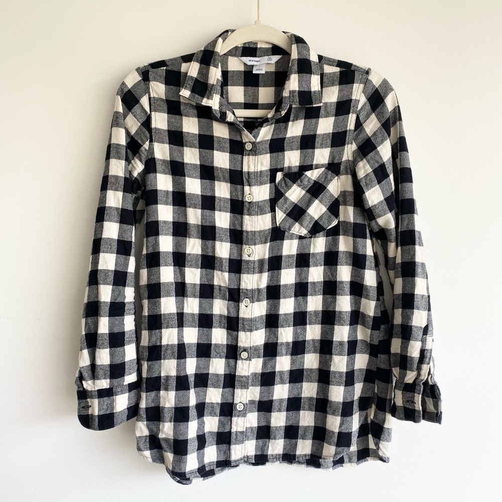 Old Navy Flannel Plaid Black & White Button Down Top Women’s Long Sleeve Small